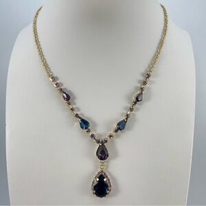 Stunning Gold Tone Purple & Blue Crystal Teardrop Statement Necklace
